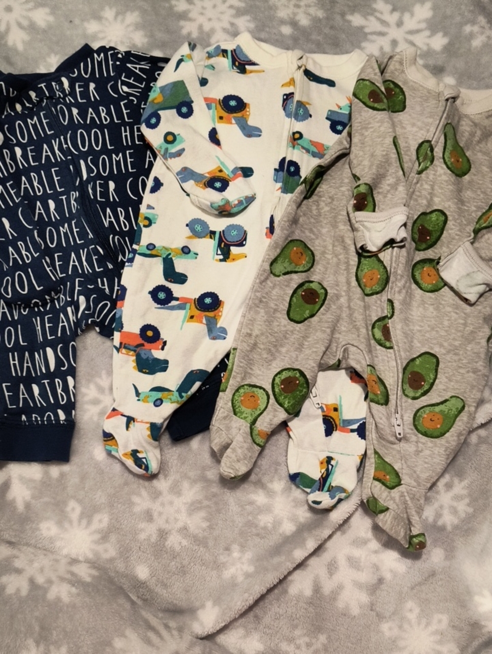 3 Kids One-Piece Pajamas - Avocado & Tractor Prints - Gray/White/Blue, NB